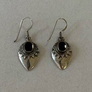 Vintage Boho 925 Sterling Silver Black Onyx Inlay Engraved Dangly Earrings